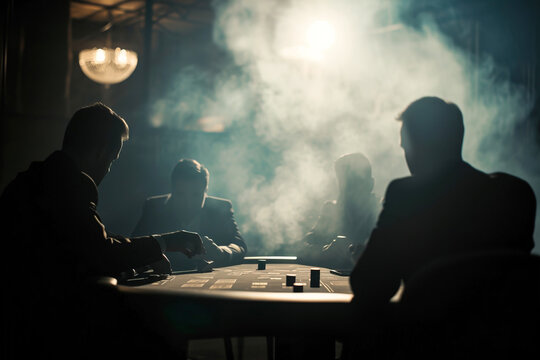 Silhouette of people illegal gambling operation in a warehouse. Clandestine gaming tables, with dim lights and cigarette smoke