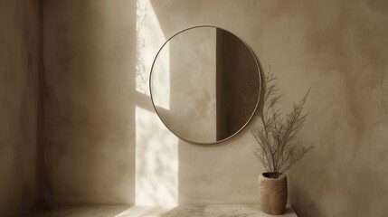  a round mirror hanging on a wall next to a vase with a plant in it and a potted plant in the corner of a room with a mirror on the wall.