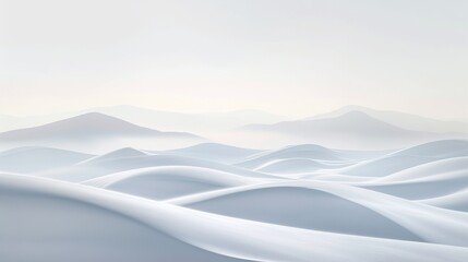 A misty morning paints the sky as rolling hills of snow stretch into the horizon, a serene landscape blending the harsh beauty of nature with the softness of a desert dune at sunrise