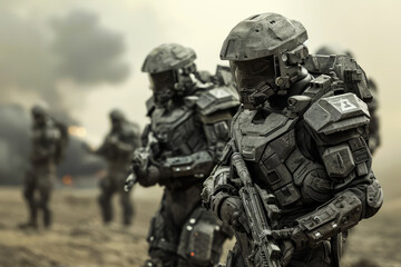 Fototapeta premium Group of Soldiers Walking Across Field in Formation