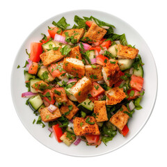 Top view of Fattoush, traditional Levantine salad for Ramadan in white plate over isolated transparent background