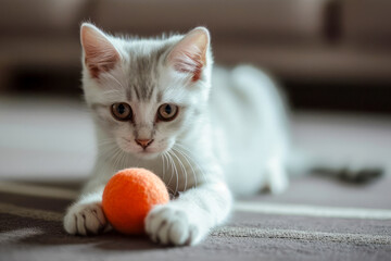 Kitten Playing With Orange Ball on Floor