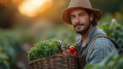 Happy young man farmer holding a basket of fresh vegetables in the garden at sunset