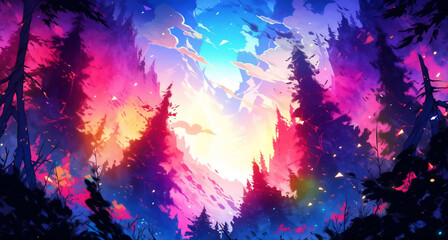 Anime Style Colorful Mountain Forest Background