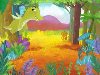 Foto auf Acrylglas Antireflex cartoon scene with forest jungle meadow wildlife with dragon dino dinosaur animal zoo scenery illustration for children © honeyflavour
