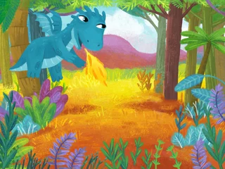 Tuinposter cartoon scene with forest jungle meadow wildlife with dragon dino dinosaur animal zoo scenery illustration for children © honeyflavour