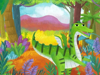 Foto op Canvas cartoon scene with forest jungle meadow wildlife with dragon dino dinosaur animal zoo scenery illustration for children © honeyflavour