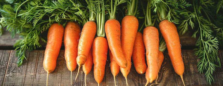 Organic carrots background, lying on wooden table. Close up image
