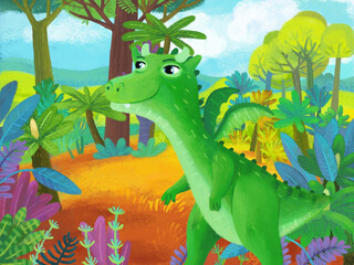 cartoon scene with forest jungle meadow wildlife with dragon dino dinosaur animal zoo scenery illustration for children © honeyflavour