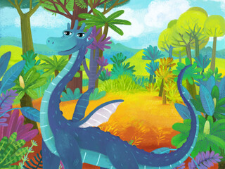 cartoon scene with forest jungle meadow wildlife with dragon dino dinosaur animal zoo scenery illustration for children © honeyflavour