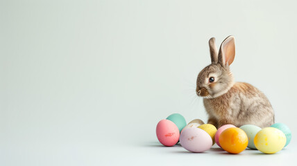 Rabbit Sitting with Easter Eggs on Light Monotone Background