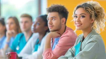 Fototapeta premium Medical interns actively engaged in learning journey at college