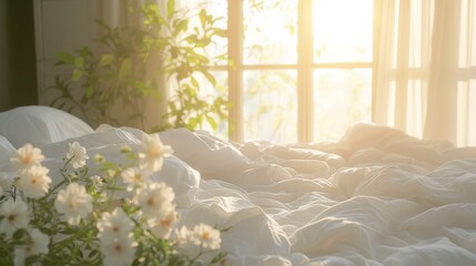 A serene indoor scene, with a white blanket draped over a flower-filled bed by a sunlit window, framed by a delicate vase and verdant plants, exuding peacefulness and natural beauty