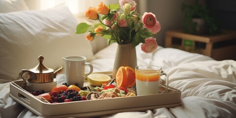 Fototapeta na wymiar Breakfast Tray with Fresh Fruits, Yogurt, and Flowers in a Cozy Bed