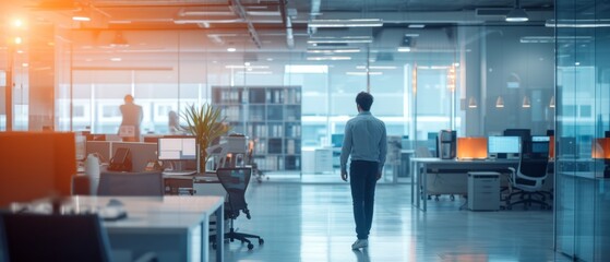 Modern office with glass walls and workstations, showcasing professional work environment