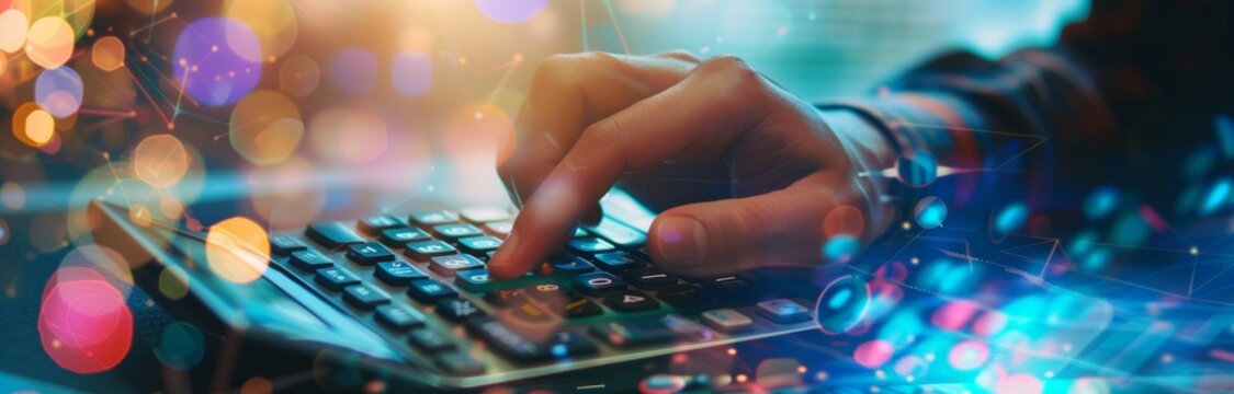 Person typing on calculator with glowing blue and purple technology background. Isolated on white. - Powered by Adobe