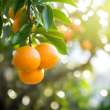 close-up of a fresh ripe tangerine hang on branch tree. autumn farm harvest and urban gardening concept with natural green foliage garden at the background. selective focus