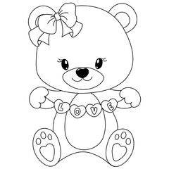 Pretty teddy bear girl holding garland with hearts isolated on transparent background. Coloring page for children. Ready to print. Happy Valentine's Day. Vector illustration