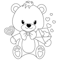 Sweet teddy bear holding a candy and a gift envelope with hearts. Coloring page for children. Ready to print. Happy Valentine's Day. Vector illustration