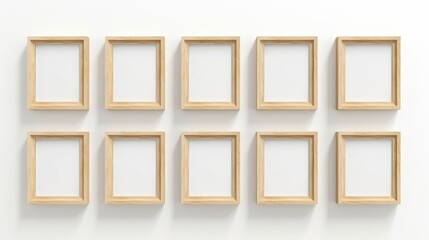 wood photo art frame set on white wall, ai