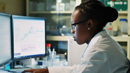 A woman in a lab coat working on a computer.