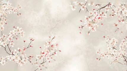  a close up of a wallpaper with white and pink flowers on a light gray background with white and pink flowers on the left side of the wall and on the right side of the wall.