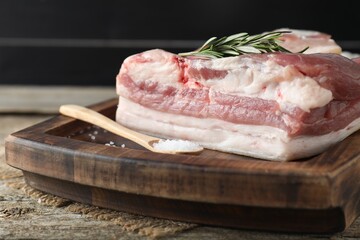 Piece of raw pork belly, salt and rosemary on wooden table, closeup