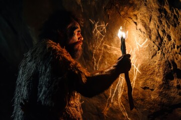 The primitive man illuminates the dark, damp cave with a flickering torch, bringing warmth and light to his lonely existence - obrazy, fototapety, plakaty