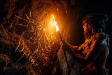 Under the cloak of night, a solitary figure harnesses the heat of fire to create a lasting mark on the rugged stone, an artistic expression amidst the wilderness