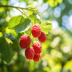 close-up of a fresh ripe tayberry hang on branch tree. autumn farm harvest and urban gardening concept with natural green foliage garden at the background. selective focus