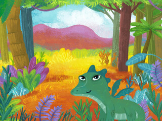 cartoon scene with forest jungle meadow wildlife with dragon dino dinosaur animal zoo scenery illustration for children © honeyflavour