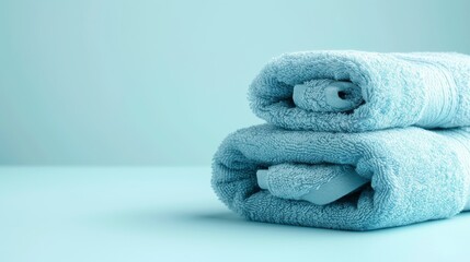 Obraz na płótnie Canvas Soft, inviting blue towels pile high, ready to envelop and comfort you after a long day indoors