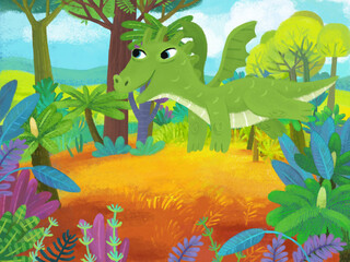 cartoon scene with forest jungle meadow wildlife with dragon dino dinosaur animal zoo scenery illustration for children © honeyflavour