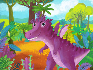 cartoon scene with forest jungle meadow wildlife with dragon dino dinosaur animal zoo scenery illustration for children © honeyflavour