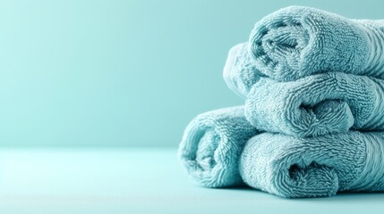 A mountain of plush towels sit atop a wooden table, their soft fabric overflowing and beckoning for a comforting embrace