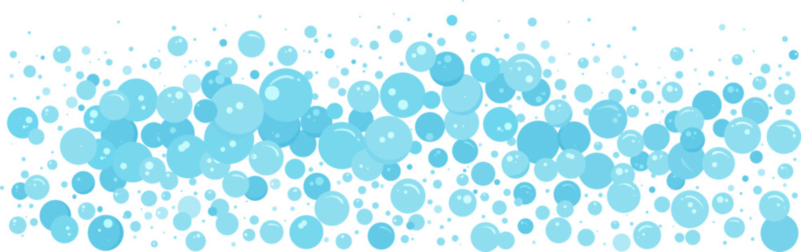 Cartoon foam bubble water, blue soap background, carbonated border, abstract suds pattern. Effervescent air ball stream. Soda pop, fizzy drinks, bath shampoo splash. Vector illustration