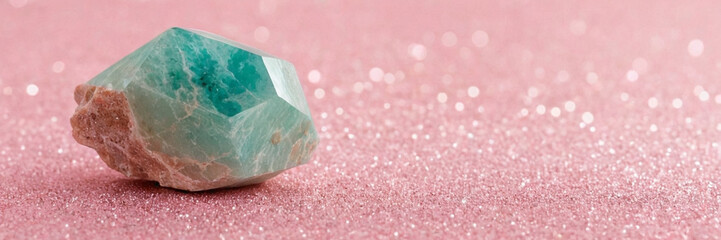 closeup macro view of a blue amazonite gemstone mineral on a pastel pink glittery background a picture for banner