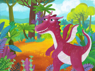 cartoon scene with forest jungle meadow wildlife with dragon dino dinosaur animal zoo scenery illustration for children © honeyflavour