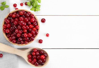 Fresh ripe cranberries and branches on white wooden table, top view. Space for text