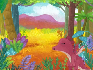Zelfklevend Fotobehang cartoon scene with forest jungle meadow wildlife with dragon dino dinosaur animal zoo scenery illustration for children © honeyflavour