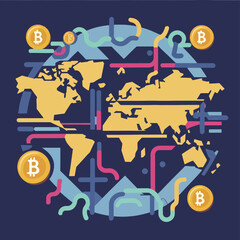 2d vector illustration colorful trading over the world map money bitcoin crypto 
