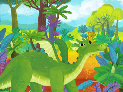 cartoon scene with forest jungle meadow wildlife with dragon dino dinosaur animal zoo scenery illustration for children