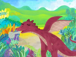 Wandaufkleber cartoon scene with forest jungle meadow wildlife with dragon dino dinosaur animal zoo scenery illustration for children © honeyflavour