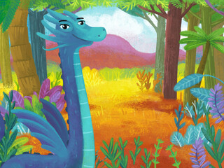 cartoon scene with forest jungle meadow wildlife with dragon dino dinosaur animal zoo scenery illustration for children © honeyflavour