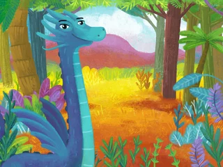 Selbstklebende Fototapeten cartoon scene with forest jungle meadow wildlife with dragon dino dinosaur animal zoo scenery illustration for children © honeyflavour