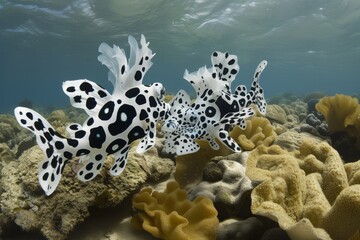 Fototapeta na wymiar A mesmerizing display of contrasting beauty as a school of black and white fish gracefully glide through the vibrant coral reef, showcasing the diverse world of marine invertebrates in their natural 