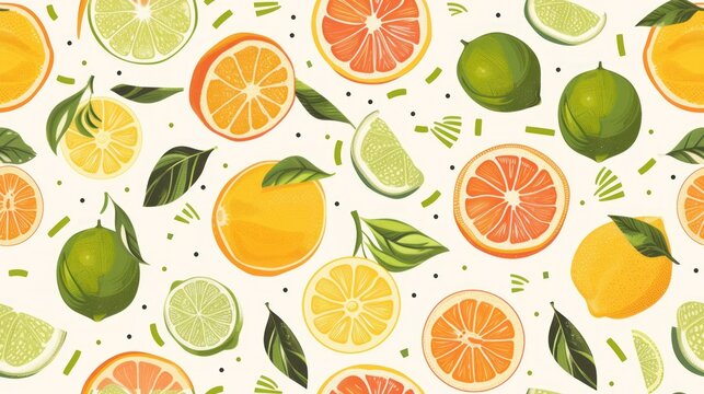  a bunch of oranges, lemons, limes and limes are all on a white background with green leaves and a white polka dot in the middle.