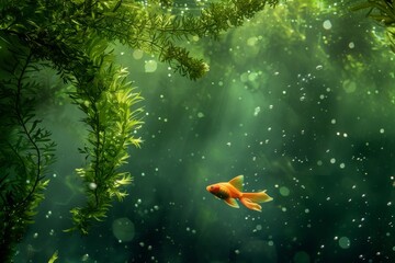 A vibrant goldfish gracefully glides through the tranquil waters of an outdoor aquarium, surrounded by lush trees and the wonders of marine biology