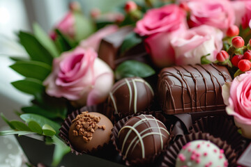 Obraz na płótnie Canvas chocolate candies and rose, valentines day, love