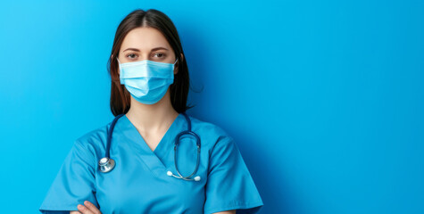 A determined female doctor, dressed in blue scrubs and adorned with a stethoscope and surgical mask, stands confidently against a white wall in an indoor medical facility, ready to combat any illness - obrazy, fototapety, plakaty